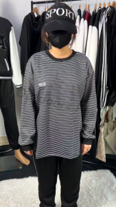 LJ- Woman Long Sleeve Shirt Sweatshirt Blouse Korean Stripe Sweater Slim Elastic Top Baju Berjalur Wanita Lengan Panjang Kasual