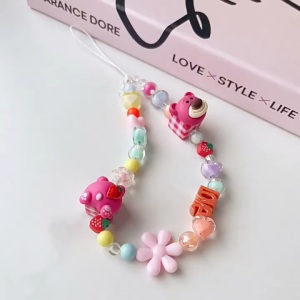 🔥 Strawberry Bear Lanyard Hand Strap Phone Pendant Key Chain-新款草莓熊方块彩色马卡龙防摔手链包包钥匙扣手机挂绳-SL223