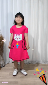 Baju Pakaian Anak Cewek Perempuan Dress Kaos Lengan Sabrina Usia 3 4 5 6 7 8 Tahun Bordir Kucing