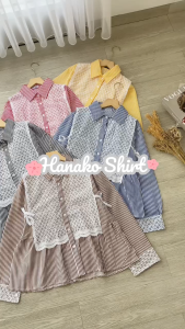 HANAKO SHIRT - FLOTTILICIOUS / Kemeja Katun Salur Stripe Brukat Wanita / Baju Atasan Casual Cewek / Korean Style Panjang Katun Top
