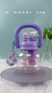 800ml Cute Strawberry Bear T-Shaped Water Bottle with Handle & Spinner Pendant Portable Leakproof Large Capacity Cup for Girls