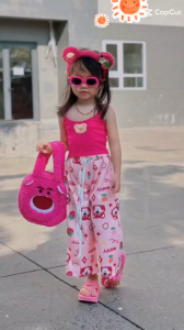 (7-28kg) Bộ đồ Thun Cho Bé áo hai dây dễ thương phối quần ống rộng và họa tiết nơ đáng yêu