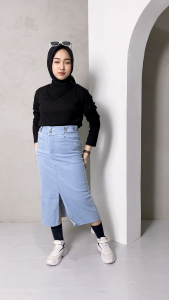 Cute Skirt Highwaist Rok Jeans Front Side Split Melar Pinggang Karet Belakang
