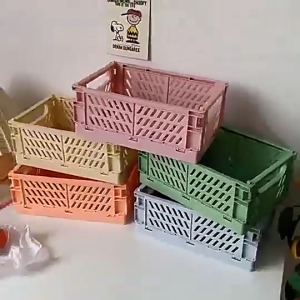 ตะกร้าพลาสติก 28L กล่องเก็บของกระจุกกระจิก กล่องเก็บเดสก์ท็อปสามารถซ้อนกันสูง พับเพื่อประหยัดพื้นที่