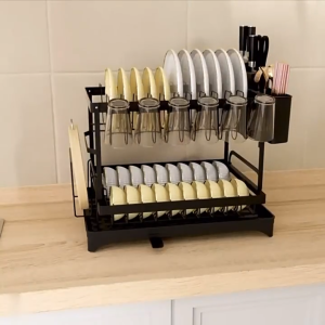 Nipiin 2 Tiers Dish Rack with Drainer Bowl Dish Drying Rack Storage Shelves Racks Kitchen Organizer