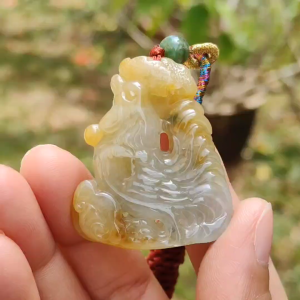 Premium Quality Yellow and Green Natural Type A Jadeite Jade crafted as Rooster with Ruyi as pendant necklace with certificate weigh 17.7 grams measurement 41.6 * 34.8 * 7.5 mm (pendant208)