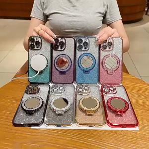 NEW!!!Luxury Magsafe Magnetic Glitter Makeup Mirror Bracket Phone Case for Iphone 11 12 13 14 15 Pro Max Plating Phone Stand Holder Shockproof Cover