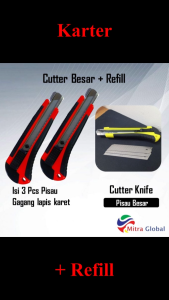 Pisau Cutter Karter Besar Gagang Karet Anti Slip Autolock Bonus Isi Cutter Refill Karter 3 Pcs