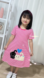 Baju Pakaian Anak Cewek Perempuan Dress Kaos Salur Usia Tanggung 1 2 3 4 5 6 7 8 Tahun Bordir Kucing