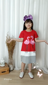 Baju Pakaian Anak Cewek Perempuan Dress kaos Katun Umur Tanggung 3 4 5 6 7 8 Tahun Bordir Flamingo