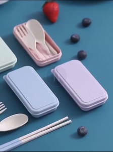 Wheat Cutlery Set Portable Travel Spoon Fork Chopstick Box Doorgift Set Pinggan Mangkuk Lipat 折叠餐具