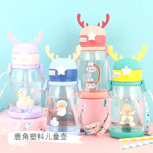 ขวดน้ำเด็กไปโรงเรียน แก้วใส่น้ำ แก้วน้ำกับหลอด 500ml พร้อมสายสะพาย ลายการ์ตูน