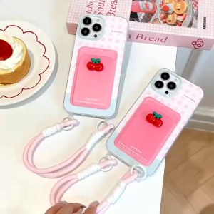 3D วางเชอร์รี่การ์ดแพ็คสีชมพู Soft Case สำหรับ iPhone 11 11PROMAX 12 13 14 15 PRO MAX 14PLUS 15PLUS ปลอกพร้อมเชือกแขวนเพื่อป้องกันการตก