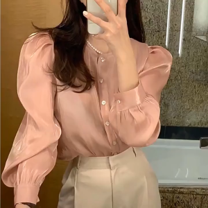 fv88 - Blouse Atasan Wanita Formal Satin Mewah Korea Glossy Lengan Panjang Silk Premium Size S M L