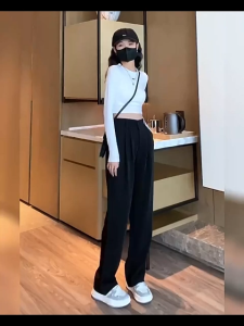 Womens High Waist Korean Wide Leg Suit Pants - Suitable for Workplace Office