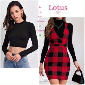 Lotus] Đầm Yếm Phối Áo Croptop Đẹp/ Váy Kẻ Sọc Caro Màu Đỏ Đen Gingham Sang Trọng/ Áo Thun Nữ Tay Dài Cổ Tròn Ôm Body Tôn Dáng
