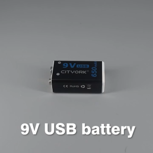 CITYORK แบตเตอรี่ลิเธียมไอออนแบบชาร์จไฟได้ 9V 650mahไมโคร USB 6F22 แบตเตอรี่ลิเธียม 9V สำหรับมัลติมิเตอร์ เครื่องตรวจจับโลหะ กีตาร์ ไมโครโฟนไร้สาย