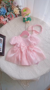 Bodysuit Cho Bé Gái Body Thiết Kế Lưới Hồng Phối Oganza 2 Lớp Đính Nơ Eo Kèm Turban Cho Bé 3-11kg