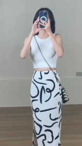 Casual Colette Terno Coordinate Solid Racer Top and Printed Long Skirt with Side Slit