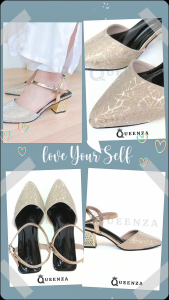 Queenza Aria Heels Wanita Mules Tinggi 5 Cm Bahan Gliter Burkat Sandal Pesta Selop Pengantin