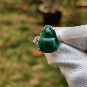 Quality Spicy Green Natural Type A Jadeite Jade crafted with the shape of Gourd set on S925 as an adjustable Ring with certificate weigh 2.67 grams measurement 15.6 * 11.8 * 2.7 mm (s925ring8)