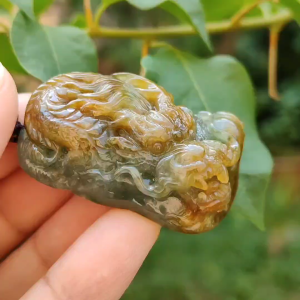 Green and Brown Two Colours Natural Type A Jadeite Pendant carved as Dragon with certificate weighs 33.15 grams 41.8 * 26.5 * 16.5 mm meaning Power and dignity spirit of courage and perseverance Prosperity and wealth (pendant88)