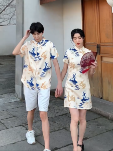 daidai (Ready Stock) Couple Outfit Cheongsam Traditional Women Dress Qipao CNY Guy Tang Suit 国潮情侣装改良盘扣新中式开叉大码旗袍印花立领衬衫