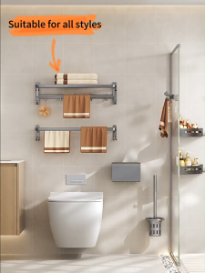 MEIDOO Aluminium Grey Bathroom Towel Rack Toilet Shelf Bathroom Organizer Wall Mount No Drilling Mount Bathroom Rack