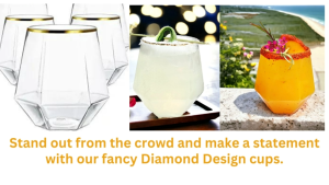 Disposable Plastic Stemless Wine Champagne Glass Diamond Shaped 12 oz 340ml Clear Gold Rim Shatterproof Recyclable Cups for Birthdays Weddings Cocktail