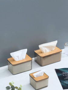 Shiok Living 🚀 Bamboo Wood Tissue Box Storage Napkin Tissue Paper Holder Living Room Dresser Study Desk Tissue Box Transparent