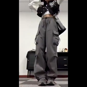 กางเกงคาร์โก้ เวลาว่าง เอวสูง ทรงหลวม กางเกงวอร์ม street girl ปรับเอวได้มีกระเป๋าข้าง เกาหลี Y2k กางกางผู้หญิง