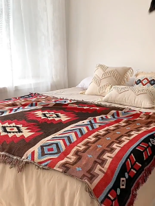 ผ้าคลุมเตียง ลายถักผ้าทอ สไตล์โบฮีเมียน คลุมเตียง4/5/6ฟุต ป้องกันรอยขีดข่วนกันฝุ่น มีลาย2ด้าน