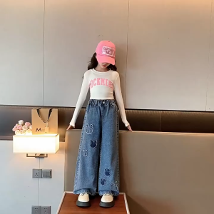 Summer Korean Style Maong Pants for Kids Girls Rabbit Embroidery Jeans High Quality Denim Baggy Trousers 7-16Years