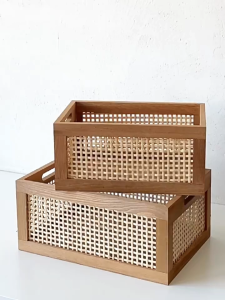 Brown Retro Solid Wood Bamboo Woven Storage Basket: A Compact Living Room Solution