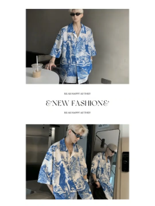 Mens Loose Floral Shirt Printed Cuban Collar Half Sleeve Shirt