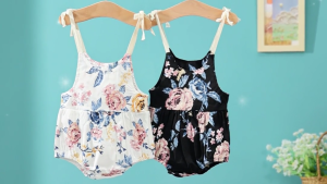 Local 2-3 Days Delivery Baby Girl Casual Suspender Jumpsuits Toddler Baby Rabbit Flower Printing Bodysuit Fashion Flower Print Round Neck Bow Lace-Up Triangle Romper
