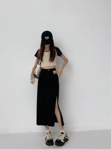 F·MIGA C122 Korean High Waist A-Line 3/4 Denim Rok Jeans Midi Wanita - Hitam