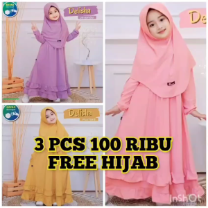 3 PCS 100 RIBU GAMIS ANAK PEREMPUAN DELISHA MODEL DAN MOTIF TERBARU ( GRATIS HIJAB )