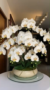 กระถางกล้วยไม้ประดิษฐ์ขนาดใหญ่ ฟาแลนดอกใหญ่สีขาวพร้อมอ่างเซรามิค ดอกไม้ปลอมตกแต่งบ้านขนาดใหญ่