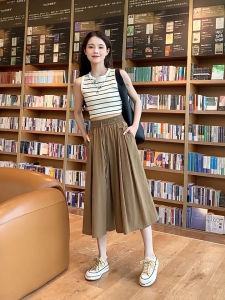 Cropped Wide-leg Pants Women Summer Thin Loose Pants Casual Straight Leg Pants