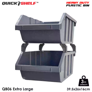 QUICKSHELF Stackable Bin Boxes Heavy Duty Grey Storage for Supplies & Tools BIG Sizes Storage Organizer (High Grade Plastic)