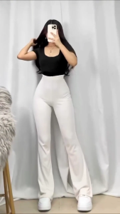 Celana Flare Pants Scuba Cut Bray Pinggang Highwaist Full Karet Elastis Tanpa Jahitan