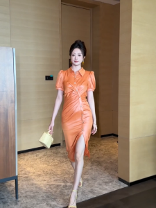 ZYHT EraVogue Váy nữ váy cam váy satin váy tay phồng Váy công sở Váy Hiso Váy cổ điển Váy dự tiệc Váy dạ hội 51029