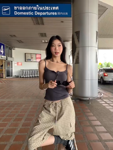 ❣Fortunee ❣ กางเกงขาสามส่วนสไตล์คาร์โก้ สำหรับผู้หญิงในฤดูร้อน ดีไซน์ลายสก็อต มีเชือกรูดและสายผูกเอว มีกระเป๋าหลายช่อง ทรงกว้างและตรง