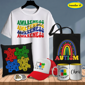 Transfer it Autism month Peace & Love awareness Design Collection PillowMugCapTshirt Button pin Pecfect for gift Ideas
