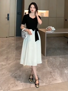 Women Elegant Patchwork Fabric Stitching Belted Dress Casual Square Neck Puff Sleeve A Line dress022
