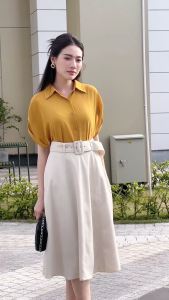 [Voucher 15% MOV 199K cap 100K Áo sơ mi tay liền loe vê HeraDG thiết kế cổ đức dáng suông công sở chất liệu xanh Recycle độc quyền SAKBD3064