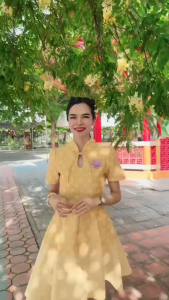 ชุดเดรสผ้าทอคอปีน แต่งโบว์ กระโปรง8ชิ้น แขนกระบอก งานอัดกาว ทั้งชุด ทุกชิ้น ซิปซ่อนด้านหลัง (S-2XL) KS660