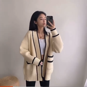 Korean Fashion Long Cardigans For Women Knitted Sweaters Tops Pockets Long Sleeve V-Neck Open Through Office Blazer Tops Jacket Coats