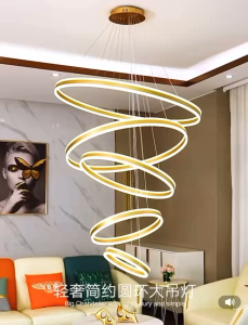 Lampu Gantung Void 5 Ring 100cm Double LED 3 warna Modern Gold Minimalis Pendant Light 5Ring Ruang Tamu Kamar Tidur 2 sisi cahaya Remote Control MOOISHC